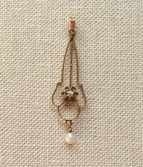 Antique Edwardian Lavalier 10K Gold 2mm Diamond Seed Pearl Pendant Art Nouveau