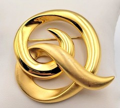 Vintage Gold Tone Swirl Brooch Pin Brushed & Gloss Signed Tona Double Curl