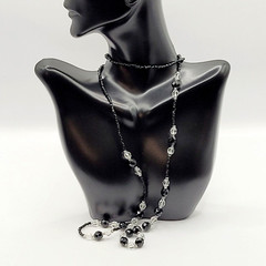 Modern Art Deco Black Clear Cut Crystal Bead Silver Tone Vintage Necklace 31 in