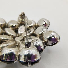 Vintage Black Glass Rhinestone Flower Brooch Pin Silver Tone Art Deco Style