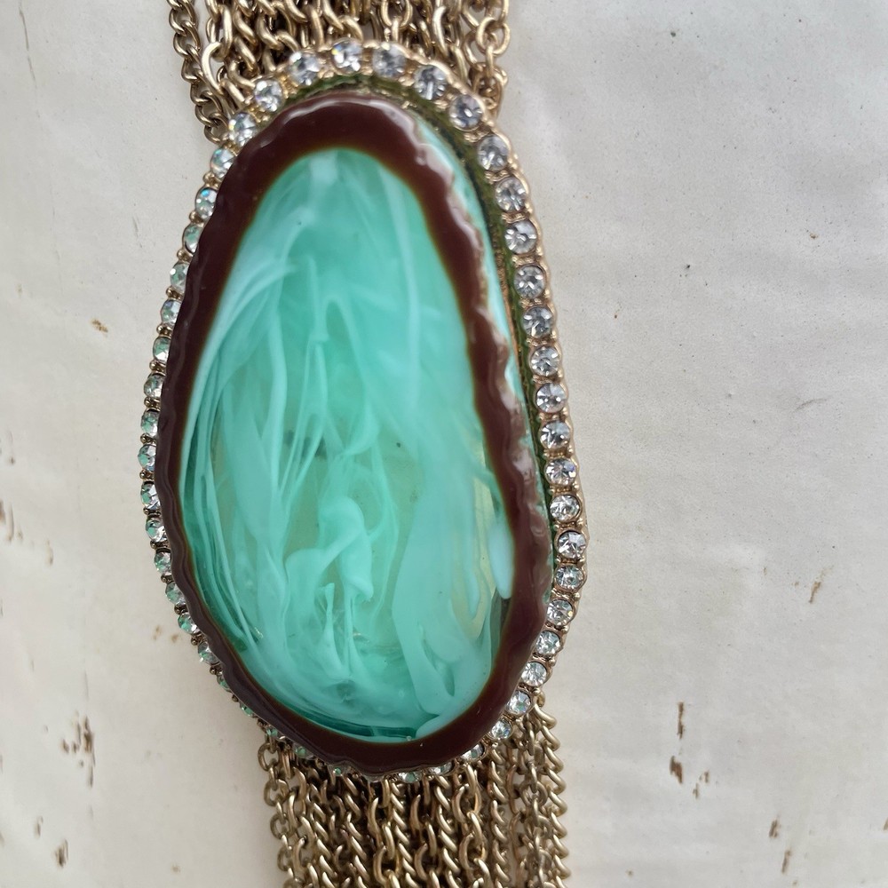 Vtg Multi Strand Gold Tone Chain Statement Necklace Marbled Green Rhinestones