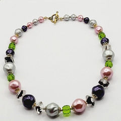Colorful Glass & Faux Pearl Style Multi Color Shape Bead Vintage Necklace 21 In