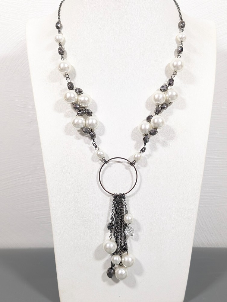 Gray Metallic White Faux Pearl Charm Chain Tassel Beaded Necklace 21 in