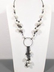 Gray Metallic White Faux Pearl Charm Chain Tassel Beaded Necklace 21 in