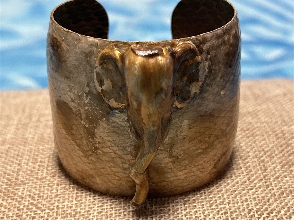 VTG Brutalist Brass Elephant Cuff Bracelet Wide Hammered Statement Textured 2”