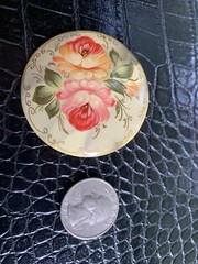 VTG Russian Lacquer Brooch Pin Signed Hand Painted Floral Round Pink Gold Cream