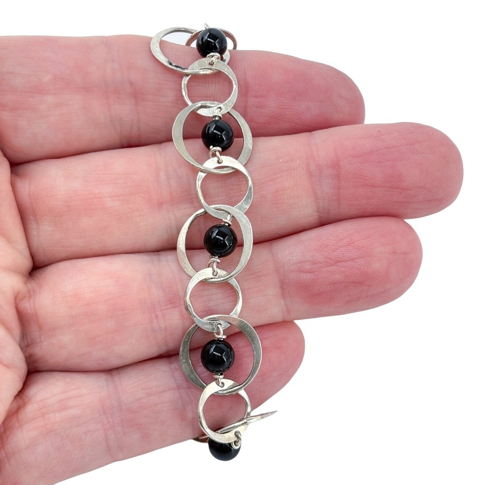 Vintage Sterling Silver 925 Black Onyx Interlocking Bracelet 7.75″