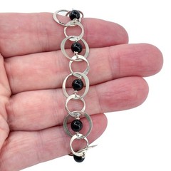 Vintage Sterling Silver 925 Black Onyx Interlocking Bracelet 7.75″