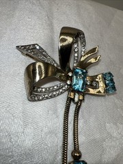 VTG Mazer Sterling Vermeil Aqua Rhinestone Ribbon Bow Dangle Brooch Pin