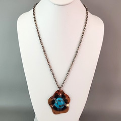 Vintage Turquoise Necklace Pendant Scalloped Copper 23″