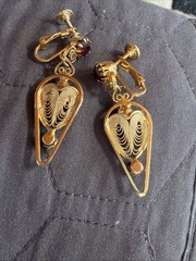 Vintage Hobe Clip Screw Earrings Openwork Filigree Faux Pearl Red Garnets Dangle