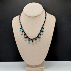 Southwestern Style Black Glass Faux Turquoise Beaded Fringe Vintage Necklace