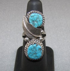Vintage Navajo 2 stone turquoise sterling silver feather ring size 6-3/4 8.0 grm
