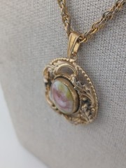 1970s Whiting & Davis gold tone Victorian inspired pink rose pendant necklace