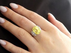 11.74Ct Ceylon Yellow Sapphire and 0.66Ct Diamond, 18k White Gold Ring