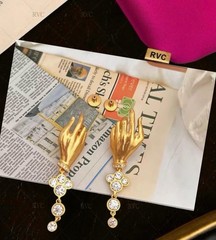 Schiaparelli Gold Hand Crystal Drop Dangle Stud Earrings Surrealist Art Jewelry