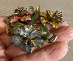 Vintage Pot Metal Enamel Orchid Flower Bouquet Brooch Pink Yellow Blue Green