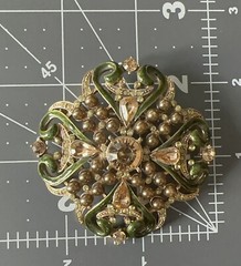 Vtg Champagne Pearl Green Rhinestones Enamel Gold Brooch Art Deco Nouveau Style!