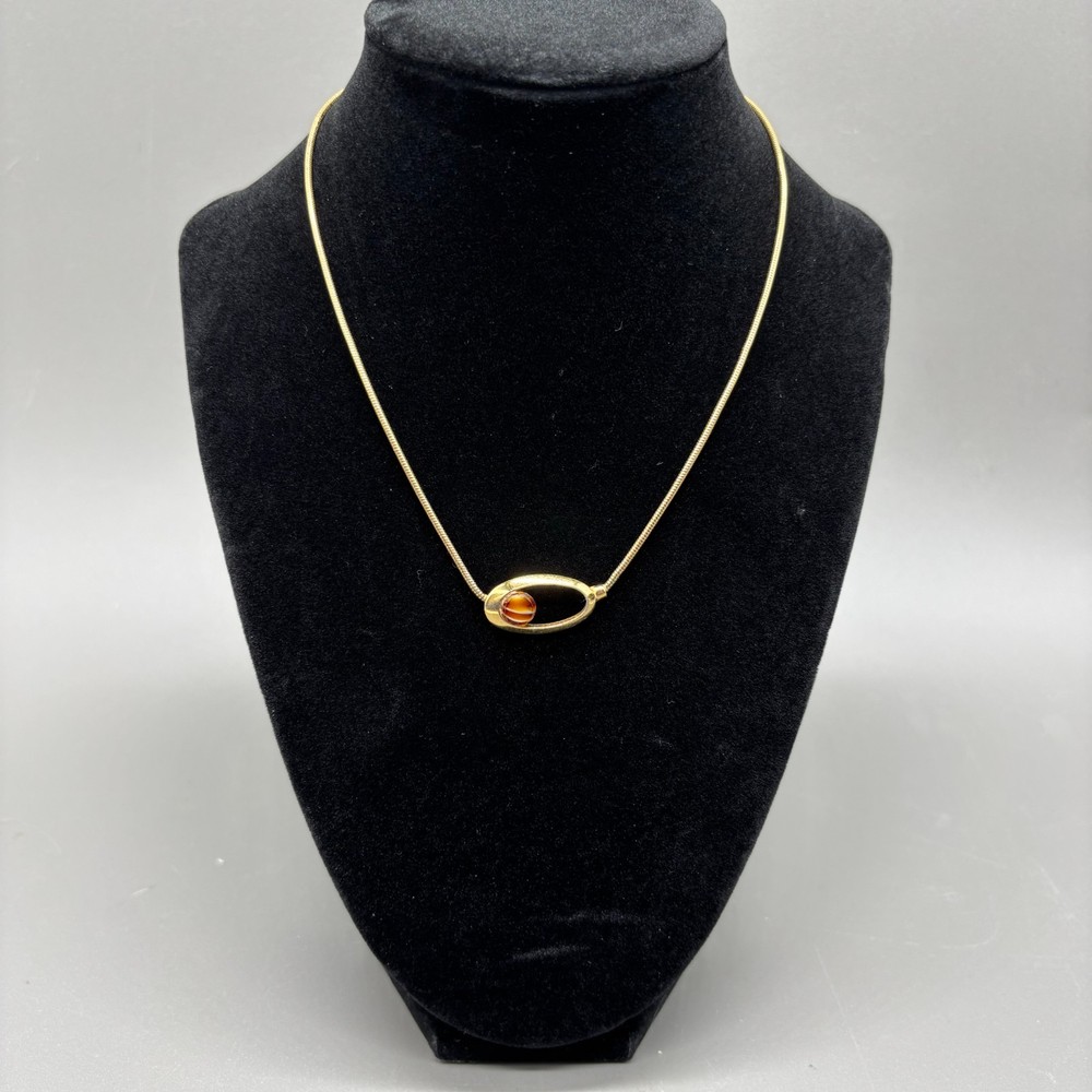 Trifari Necklace Vintage Gold Tone Snake Chain Glass Stone Inlay Oval Modernist