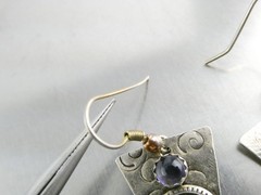 Vintage Sterling Silver Artisan Mixed Metals Iolite Hook Earrings 4.3g 1.25 Inch