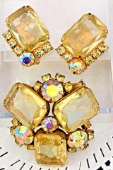 Vintage Light Yellow Open Back Rhinestone Flower Brooch Pin Clip Earrings Set