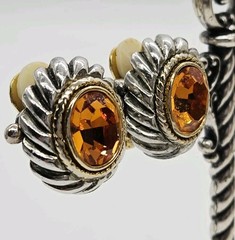 Vintage Clip on Earrings Orange Crystal Cable Twist Two tone Gold Silver .75 in