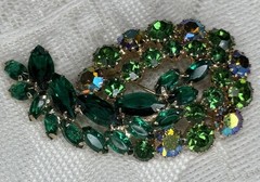 Vintage Brooch Green Marquise and Aurora Borealis Rhinestones AB Prong Set