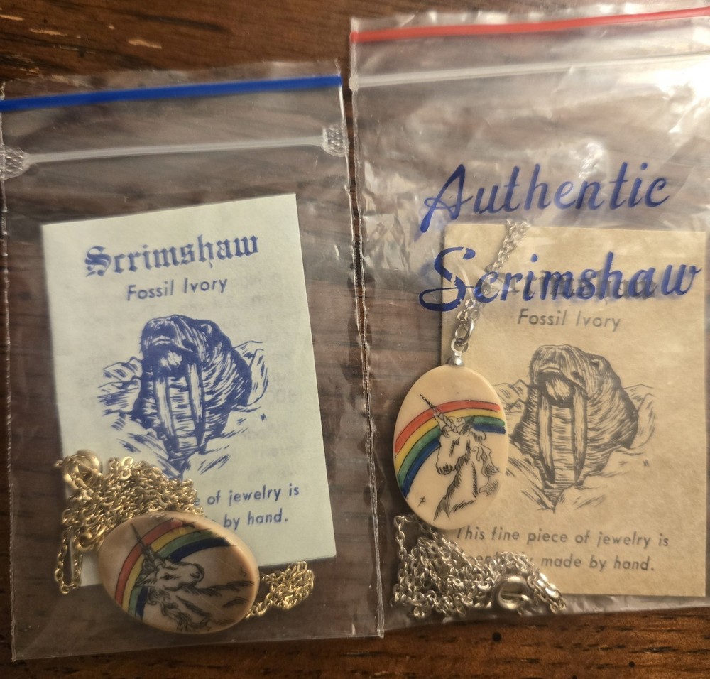2 Vintage Authentic Scrimshaw Unicorn Rainbow Necklaces 18″