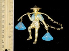Vtg Asian Man Carrying Pole Water Waterboy Molded Blue Glass Stone Brooch Pin