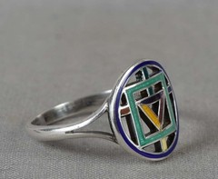 Vintage sterling silver & enamel RING ALCHEMY SYMBOLS Size 8.5
