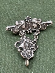 ART NOUVEAU 2-PC STERLING TOP WATCH PIN LOCKET HOLDER UNGER-STYLE PEACOCK LADY