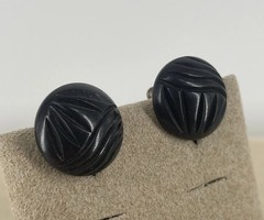 VTG Black Carved Bakelite Button Screw On Earrings MCM Boho