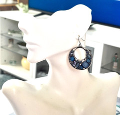Boho Dark Silver Tone Round Open Circle Blue Bead 1.5″ Drop/Dangle Earrings