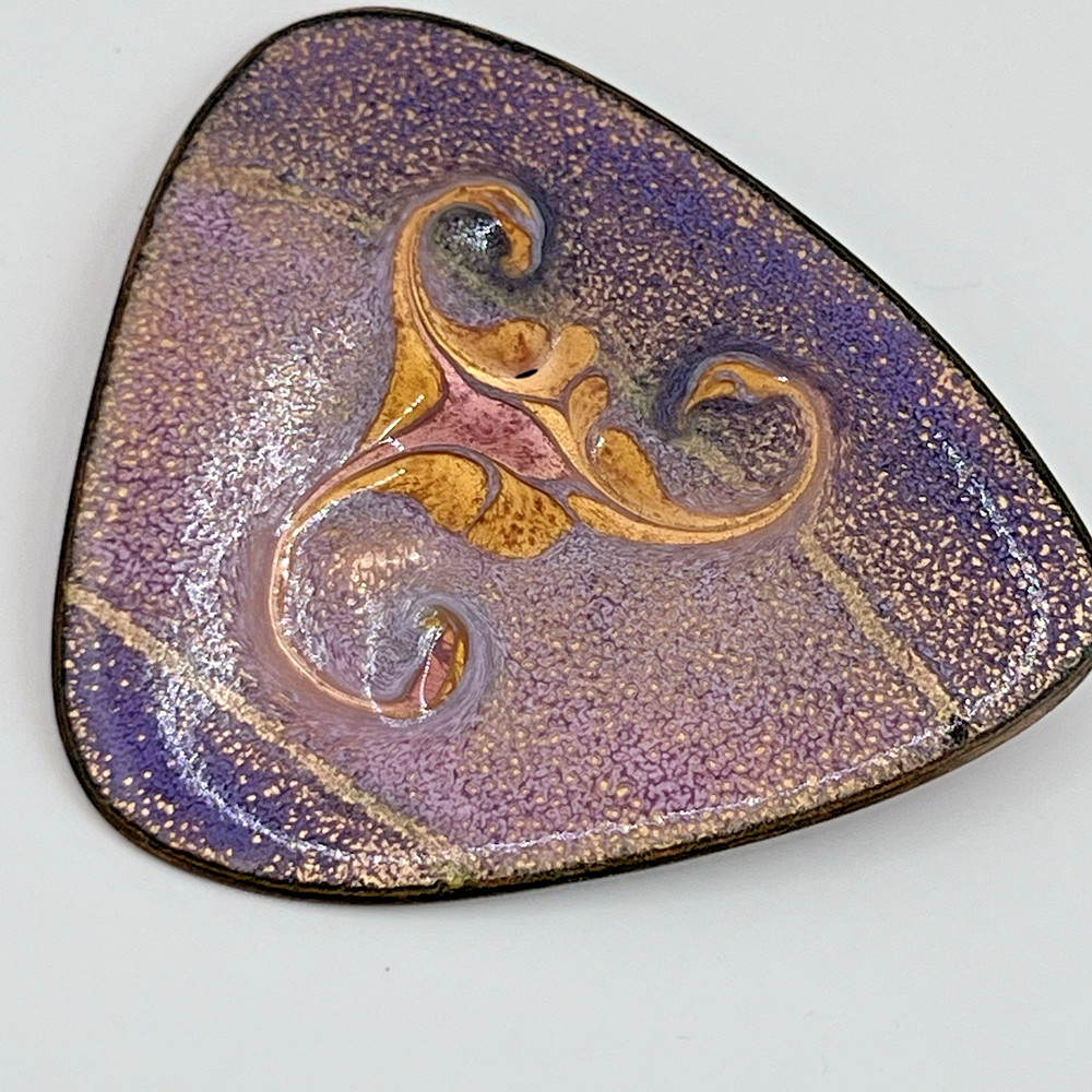 Enamel Copper Brooch Artist Signed Modernist MCM 1963 Canada Purple Gold Glitter
