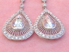 ART DECO 3.1ctw AQUAMARINE PEAR DROPS 1.35ctw DIAMOND PLATINUM COCKTAIL EARRINGS