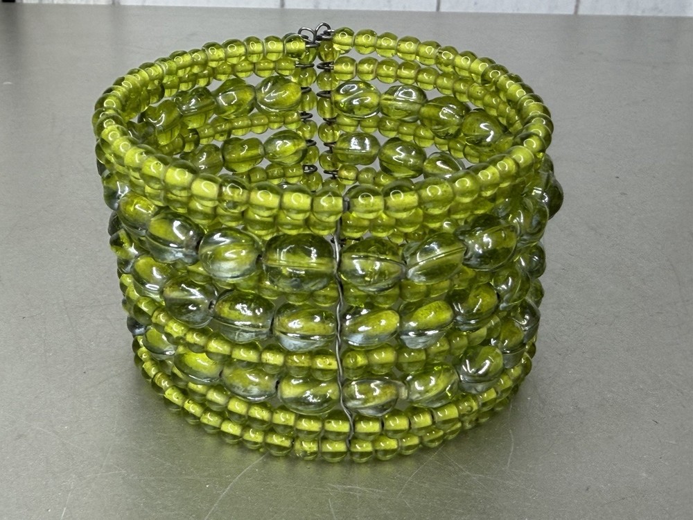 Chartreuse Green Beads Beaded Cuff Stretch Bracelet Boho Glam