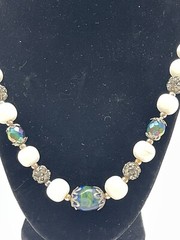 Vintage White Natural Stone Infused Art Glass Aurora Bead Crystals 28” Necklace