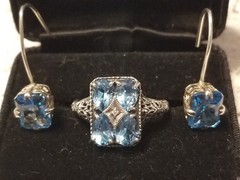 Art Deco Antique Blue Topaz Diamond Accent Ring & Earrings Set,Size 10, 925 &CNA