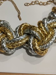 Huge Silver And Gold Tone Vintage Braided Leather Collar Necklace Signed Mika