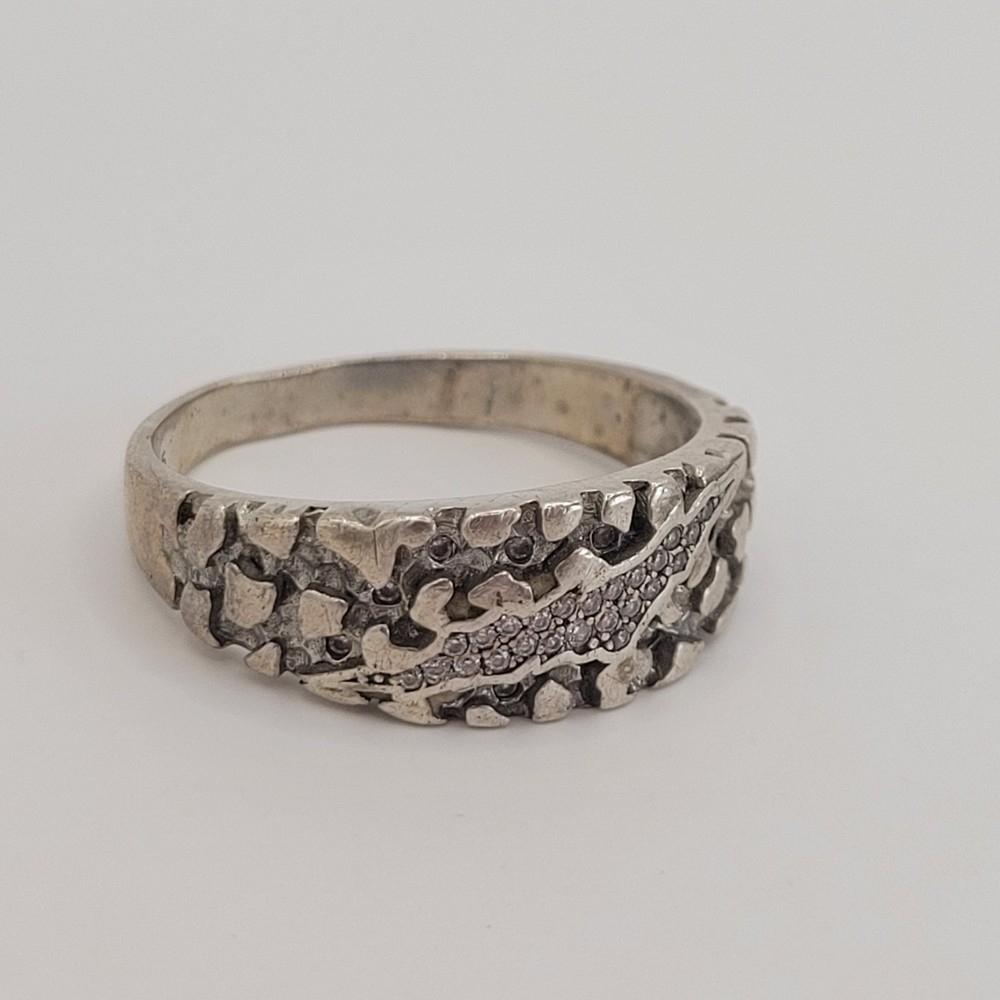 Vintage Sterling Silver Nugget Scar Scratch Tear Pave Band Ring Size 11.75