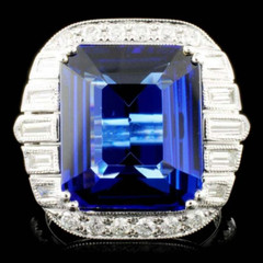 Vivid Blue Rectangle Shape 11.25CT Sapphire & 1.39CT Fancy Cut CZ Handmade Ring