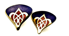 Vintage Purple Red Cloisonné Enamel Fan Gold Tone Pierced Stud Earrings