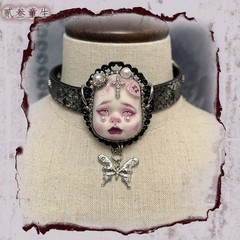 Gothic Crying Doll Head Choker Lace Pearl Butterfly Pendant Necklace
