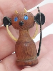 Vintage Miniature Wood Leather Devil Mouse ? Blue Crystal Eye Pin Brooch