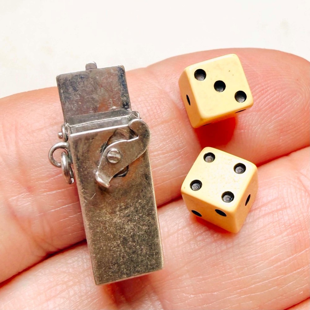 LUX Mid Century Sterling Silver Dice Holder Pendant Fob, with Dice