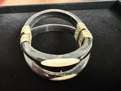 Vtg. Horn & Bone Hinged Bangle Bracelet w Repoussé Metal Pin Clasp