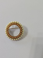 Vintage MCM Faux Pearl Coral Circle Brooch Gold Tone Mid Century Modern Pin