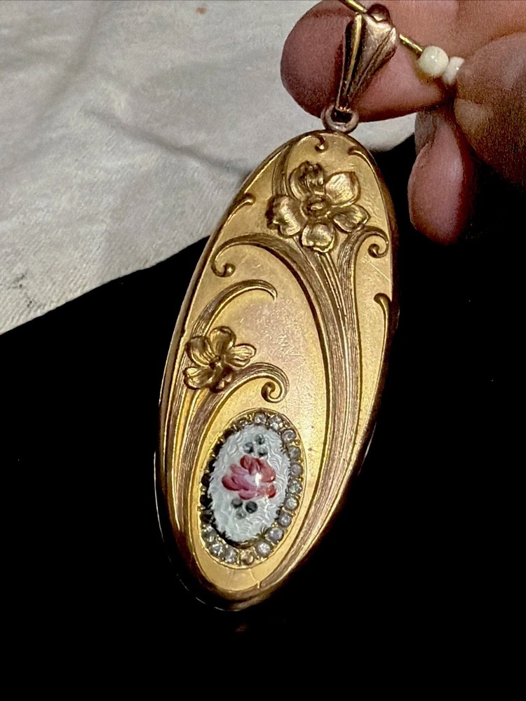 Antique 18g W&H 14k Gold Filled Huge Oval Locket Repousse Guilloche Rose Pendant