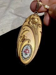 Antique 18g W&H 14k Gold Filled Huge Oval Locket Repousse Guilloche Rose Pendant