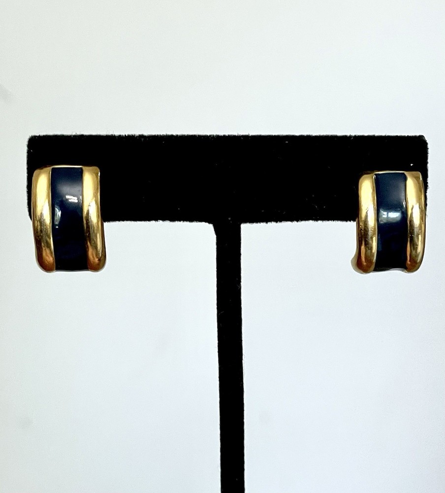 Vintage Signed Black Enamel Gold Tone Half Hoop Earrings Retro Quiet Luxury EUC
